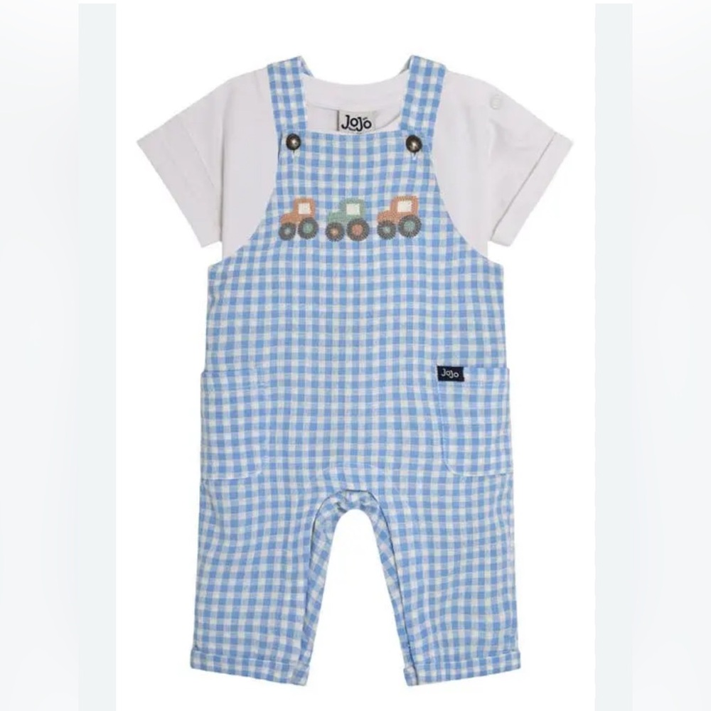 JoJo Maman Bebe Blue Tractor Gingham Baby Overalls 0-3 Month Set
